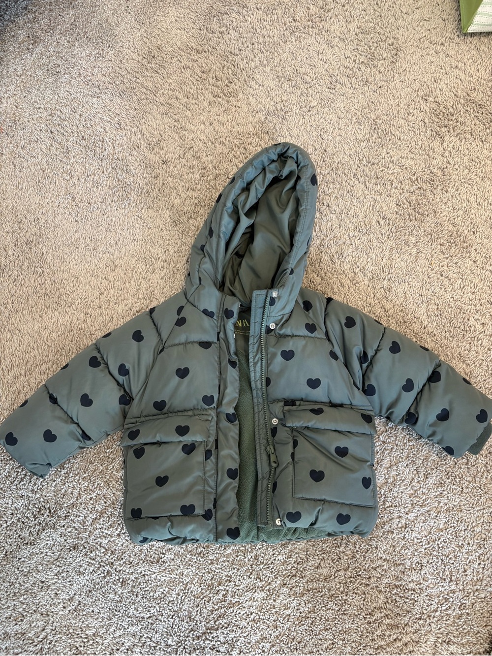 Zara Olive Green Puffer Jacket with Black Heart Print